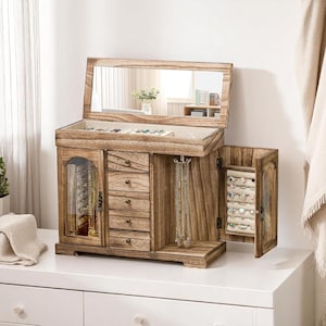 Large Wooden Jewelry Box with Mirror, Glass Doors, Necklace Hangers & Drawers – Rustic Organizer for Rings, Earrings and Accessories