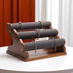 Walnut Wood Watch & Jewelry Display Stand – Foldable Velvet Tier Organizer for Bracelets, Bangles and Accessories | Elegant Desk Decor Gift