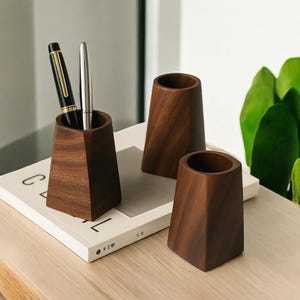 Black Walnut Wooden Pen Holder: Geometric Desk Organizer