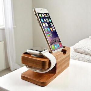 Natural Wooden Charging Stand – Dock for iPhone & Apple Watch with Wireless Charger | Minimalist Nightstand Organizer Gift for Him