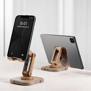 Adjustable Wooden Phone & Tablet Stand – Foldable Rotating Holder for iPhone, iPad and Android \| Desk Mount for Office, Kitchen or Travel