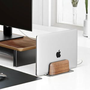 Walnut Wood Vertical Laptop Dock: Minimalist Desk Organizer