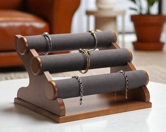 Walnut Wood Watch & Jewelry Display Stand – Foldable Velvet Tier Organizer for Bracelets, Bangles and Accessories | Elegant Desk Decor Gift