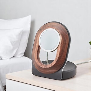 Walnut & Stainless Steel MagSafe iPhone Stand: Vertical Wireless Charger