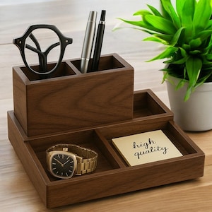 Organiseur de bureau personnalisé en noyer, rangement multi-compartiments élégant pour fournitures de bureau, cadeau idéal pour les étudiants et les professionnels
