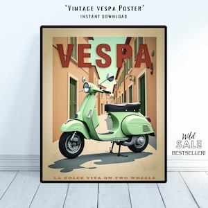 Vespa Poster – Vintage Italian Scooter Wall Art – Retro Mint Green Vespa Print – La Dolce Vita Digital Download