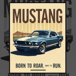 Ford Mustang Poster 1969 Fastback Retro Car Print Classic American Muscle Wall Art Route 66 Poster Vintage Garage Decor Digital Download