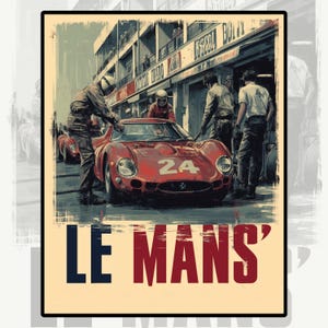 Le Mans Pit Lane Poster | Vintage Racing Wall Art | Retro Motorsport Print | Red Race Car Illustration | Digital Download 4:5