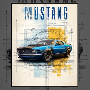 Póster del Mustang Boss 302 de 1970, arte mural del Mustang azul de Grabber, plano de un muscle car clásico, decoración clásica de garaje