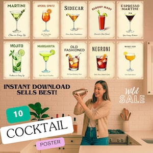 Paquete de 10 pósteres vintage de cócteles: set de arte mural imprimible de bebidas clásicas, decoración retro para cocina, salón o bar en casa.