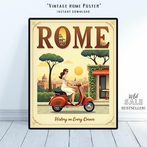 Rome Poster – Vintage Italian Travel Wall Art – Retro Vespa Girl Illustration – History on Every Corner – Digital Download