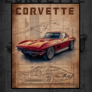 Vintage 1967 Corvette Stingray Poster, Classic Muscle Car Wall Art, Retro Garage Decor, Blueprint Car Print, Man Cave Artwork