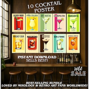 Paquete de 10 pósteres de cócteles • Arte retro de bar • Decoración de pared con recetas de bebidas imprimibles • Descarga instantánea