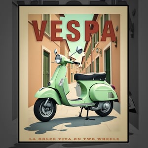 Vespa Poster Vintage Italian Scooter Wall Art Retro Mint Green Vespa La Dolce Vita Illustration Classic Scooter Digital Print for Lovers