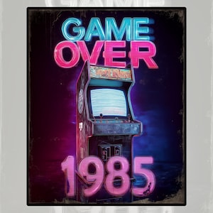 Game Over 1985 Arcade Poster • Retro Synthwave Neon Wall Art • Game Room Decor • Printable Digital Download • 4:5 Ratio