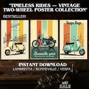 3 Vintage Motorcycle & Scooter Poster Set – Vespa, Lambretta, Triumph Bonneville – Retro Wall Art for Garage, Man Cave, or Studio Printable