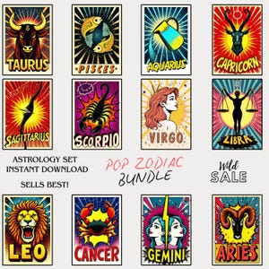 Pakiet plakatów 12 znaków zodiaku – Retro Pop Art Astrologia Ścienna – Natychmiastowe Pobieranie Wydrukowanego Zestawu Horoskopów Komiksowych Do Wystroju Domu