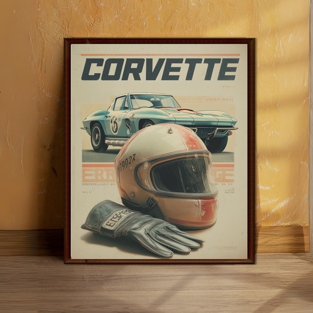 Vintage Corvette Racing Poster: Classic Sting Ray, Retro Helmet ...