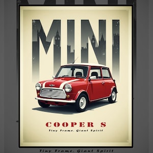 Póster de Mini Cooper S, arte de pared de coche clásico, ilustración de Cooper S rojo clásico, tipografía retro, decoración de garaje, horizonte de Londres, descarga digital