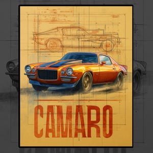 1970 Camaro Z28 Poster, Classic Muscle Car Wall Art, Vintage Chevy Camaro Blueprint, Retro Garage Decor, instant download