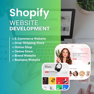 Può includere: Immagine che promuove i servizi di sviluppo di siti web Shopify. L'immagine presenta un laptop e un tablet che mostrano mockup di siti web. Il testo include "Shopify WEBSITE DEVELOPMENT" e servizi come "E-Commerce Website".