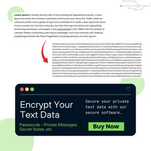 Peut inclure: Publicité numérique pour le logiciel "Encrypt Your Text Data". L'annonce présente un fond sombre avec du texte blanc, y compris "Passwords - Private Messages Secret Notes, etc" et un bouton "Buy Now".