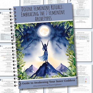 Guide till gudomliga feminina praktiker, 7 feminina arketyper, arbetsbok, måncykler, skuggarbete, Wicca Yoga, självvård, digital PDF, måndyrkan, chakran