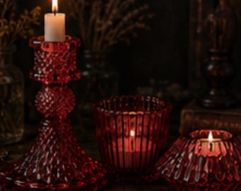 Red glass candle holder set witchy home altar decor mystical candle holders spell work accessories boho spiritual witchcraft decor pagan set