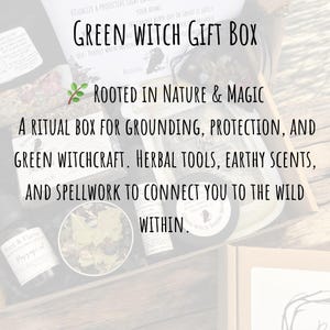 May include: A wooden box labeled "Green Witch Gift Box" filled with herbal tools, earthy scents, and spellwork. The box includes text that reads "Rooted in Nature & Magic" and "A ritual box for grounding, protection, and green witchcraft."