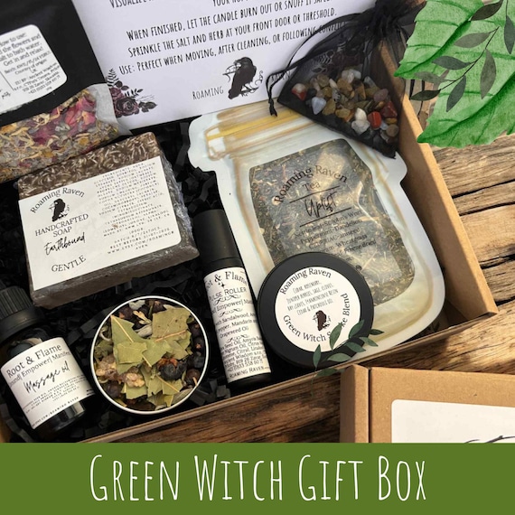 Green witch gift box herbal witchy self care kit grounding bath time set with soap tea incense blend crystals natural witchcraft spa gift