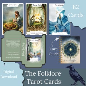 May include: A set of 82 Folklore Tarot Cards with a guidebook. The cards feature illustrations of mythical creatures and nature scenes. The guidebook has a spiral binding and a blue cover with a star and a wreath.
