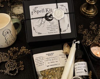 May include: A black box labeled Spell Kit with a white wax seal, containing a pouch of Abundance Herb Blend, two white taper candles, a small bottle of candle dressing oil, a metal candle dish, and a gemstone, all arranged in a black container.