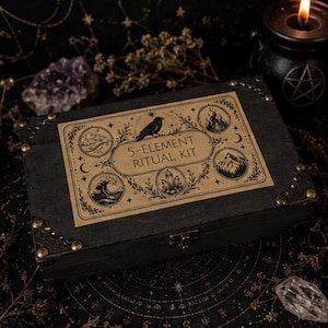 5 Element Ritual Kit | Elemental Altar Set | Earth Air Fire Water Spirit Witchcraft Kit | Wooden Ritual Box