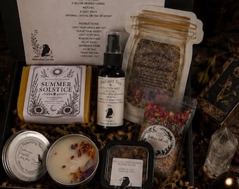 Zonritueel geschenkdoos magische zonne-energie zelfzorgkit heksenbadritueel set met zeepkaars theekristallen spreuk zomerzonnewende cadeau-idee heidense doos