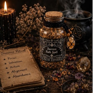 May include: A clear glass jar filled with dried herbs and crystals, topped with a cork stopper. The label reads Success Bath Spell and Bath Potion. Beside it lies a paper with the text Success Ritual, Focus, Intention, Action, Alignment, Abundance.