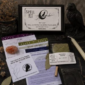 May include: A spell kit in a black box labelled Spell Kit with a raven and moon graphic. Includes a red jade crystal, a packet of bay leaves, and informational cards with text including I am a child of the dusk, the moon, and the stars.