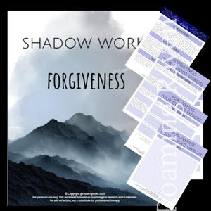 May include: A digital worksheet titled "Shadow Work Forgiveness" with a mountain landscape background. Several pages of the worksheet are visible, featuring the text "Your Guided Exercise" and "Forgiveness". The copyright notice is visible at the bottom.