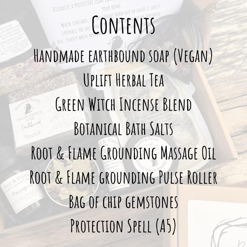 May include: A wooden box filled with various self-care items. The contents include handmade soap, herbal tea, incense blend, bath salts, massage oil, pulse roller, chip gemstones, and a protection spell. The text "CONTENTS" is written in large letters at the top.