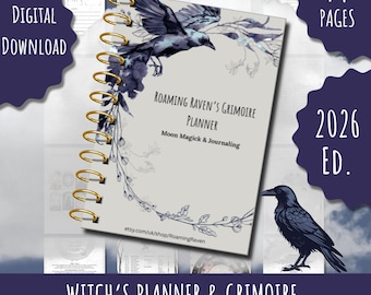 Häxplanerare 2026 Utskrivbar Grimoire & Månkalender PDF Korp-tema Tracker Skuggarbete Örtkunskap Digital Nedladdning Månceremonier