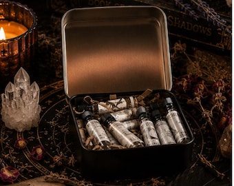Conjunto de amostras de perfumes Spells em lata, óleos de perfume artesanais de bruxaria, estilo boticário gótico, com frascos de amostra de 1ml.
