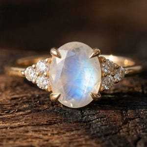 Op de afbeelding: Een gouden ring met een centrale ovaalvormige maansteen met een blauwe iriserende gloed, vastgehouden door vier pootjes. De ring is aan weerszijden versierd met een cluster van drie kleine, ronde, helderwitte diamanten in een gouden zetting.