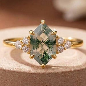 Unique Vintage Bezel Setting Moss Agate Ring 14k Yellow Gold Ring Vintage Hexagon Cut Moss Agate Engagement Ring Promise Bridal Ring