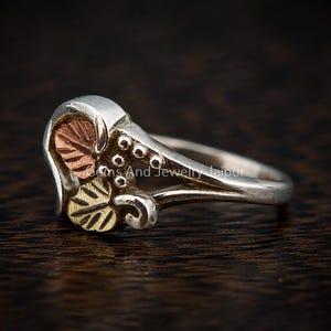 Puede incluir: Un anillo de plata con un motivo decorativo de hojas que incluye una hoja de tono cobrizo y una hoja de tono dorado, acentuado por peque&ntilde;as esferas de plata. El texto Gems And Jewelry Jaipur es visible en la superficie del anillo.