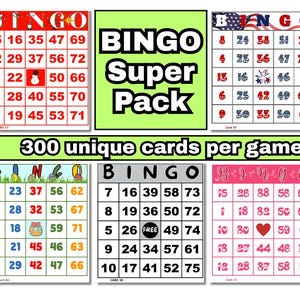 May include: A Bingo Super Pack with 300 unique cards per game. The image shows several bingo cards with red, white, and blue numbers. The text "BINGO Super Pack" is in large, bold letters. The cards have different themes.
