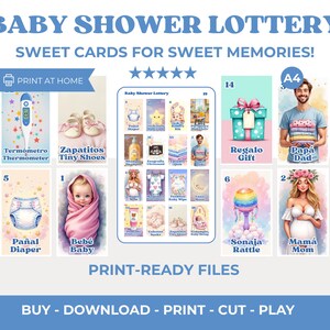 Puede incluir: Impresión digital de tarjetas de lotería para baby shower con ilustraciones de artículos para bebés. Las tarjetas incluyen imágenes de un termómetro, zapatos pequeños, un pañal, un bebé envuelto en una manta, un regalo, una sonaja y una madre.