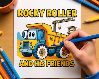 Pode incluir: Uma página para colorir com um caminhão basculante de desenho animado amarelo e azul com o texto "ROCKY ROLLER AND His FRIENDS" em amarelo e preto. Uma mão está colorindo o caminhão com um lápis de cor azul. Outros lápis de cor estão espalhados.