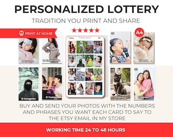 May include: A personalized lottery game with various images and phrases. The text "PERSONALIZED LOTTERY" and "TRADITION YOU PRINT AND SHARE" are at the top. The image includes the text "PRINT AT HOME" and "WORKING TIME 24 TO 48 HOURS".