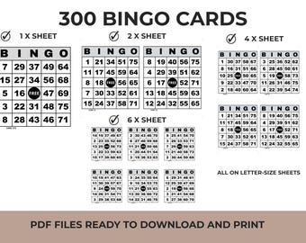 Printable Bingo – 300 Unique Cards, Party Game, Family Activities PDF with 1, 2, 4 or 6 cards per page, Parties, Gatherings