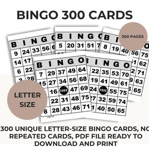 Printable Bingo – 300 Unique Cards, Party Game, Family Activities PDF with 1, 2, 4 or 6 cards per page, Parties, Gatherings