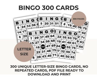 Printable Bingo – 300 Unique Cards, Party Game, Family Activities PDF with 1, 2, 4 or 6 cards per page, Parties, Gatherings